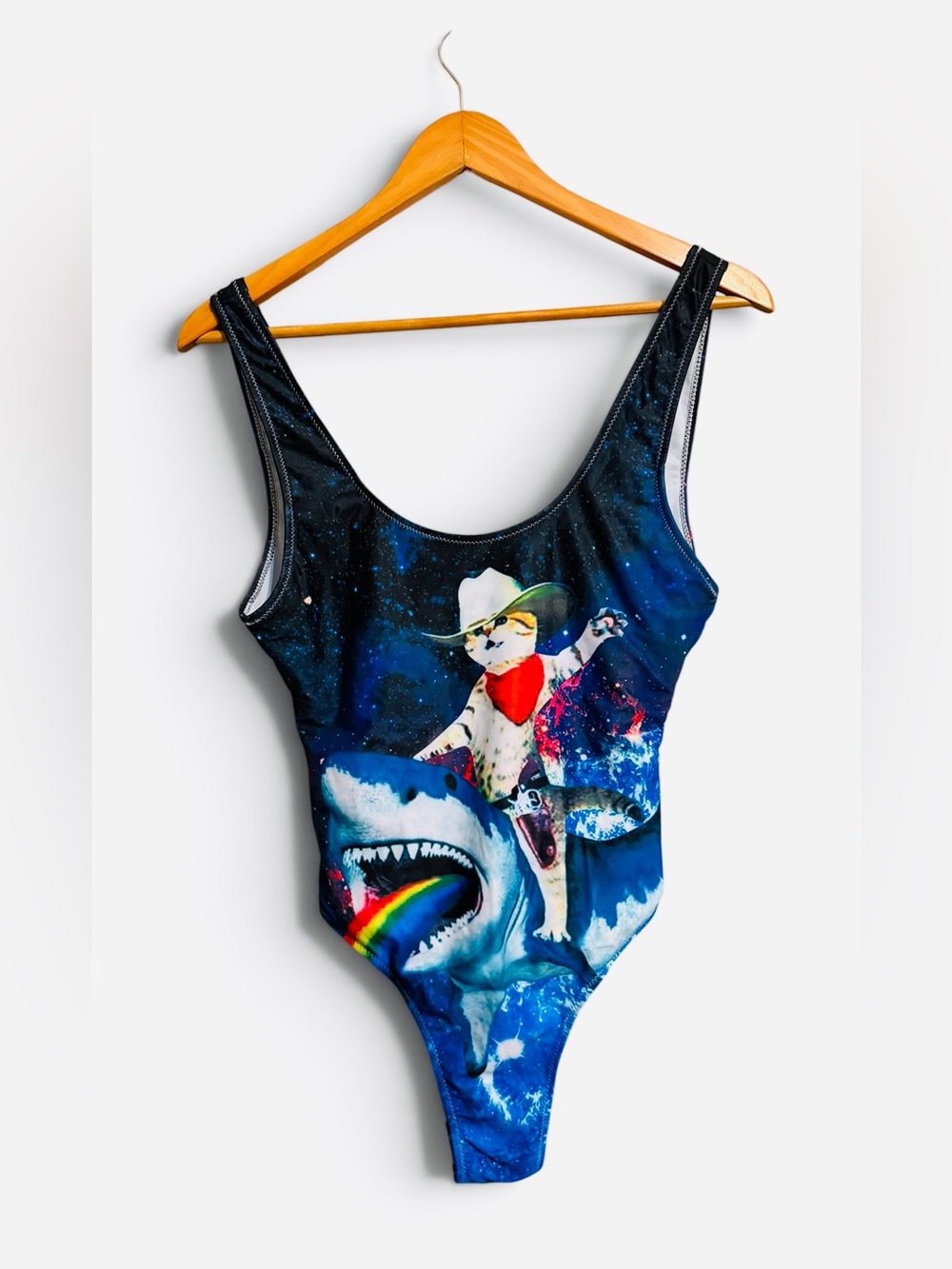 Blue Graphic One-Piece Swimsuit with Shark & Cowboy Cat Print